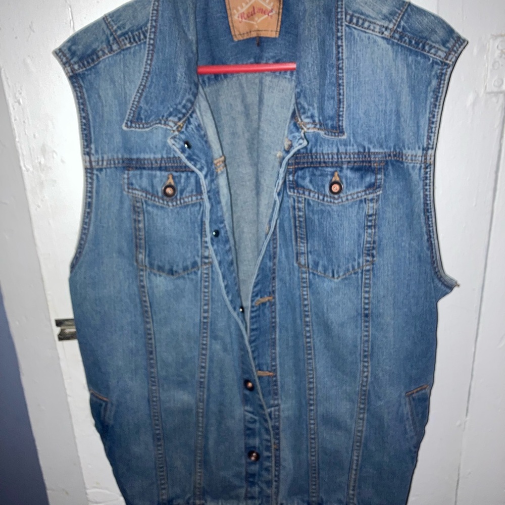 Red camel jean jacket vest